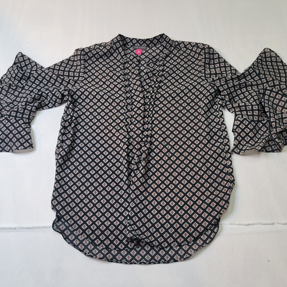 Vince Camuto Black Geometric Tile Print Ruffle Bell Sleeve Blouse XS